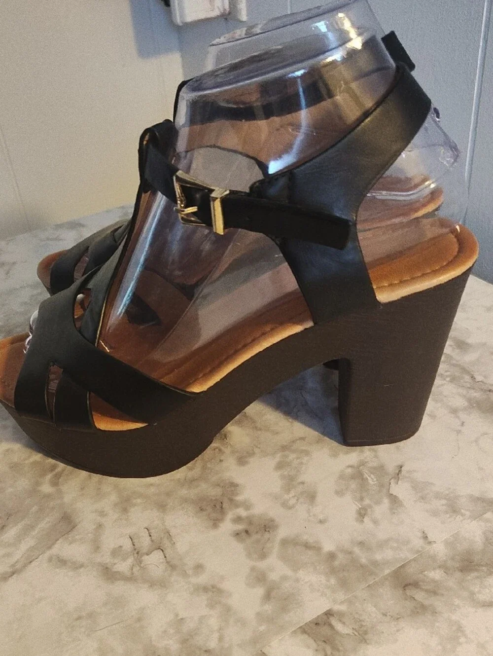 Black T-Strap Platform Sandals with Gold Buckle